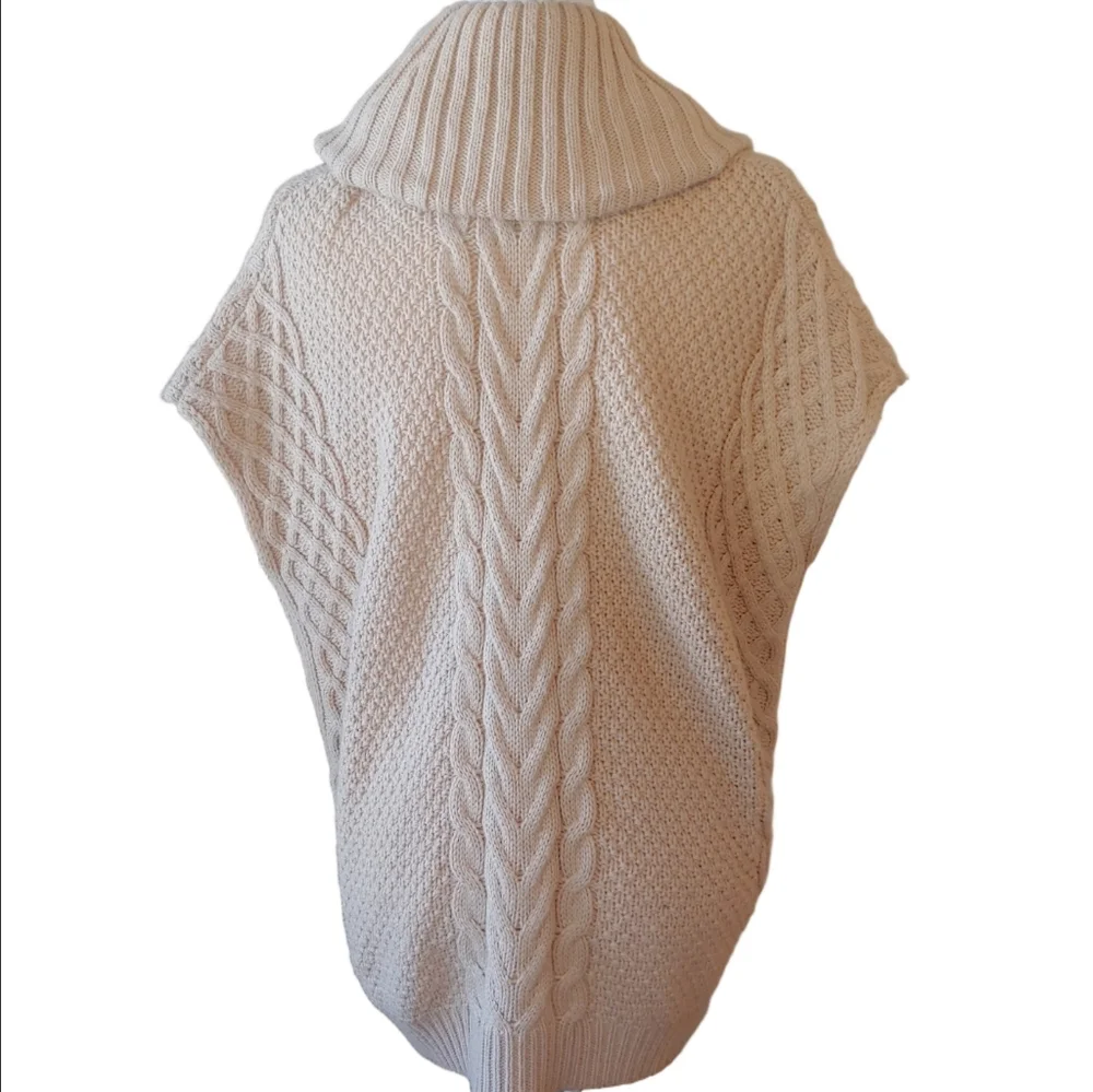 Saks Fifth Ave Wool Blend Cream Cable Knit Cowl Sweater with Side Belts Small - Picture 3 of 16